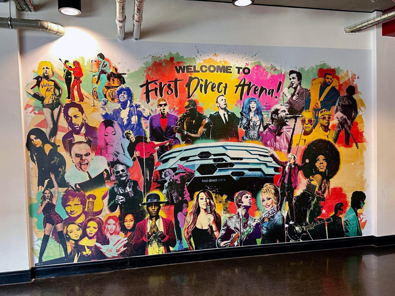 pop art-style welcome wall illustration at First Direct Arena