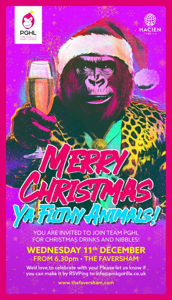 Finished PGHL Christmas party invite with bold colors and textures.